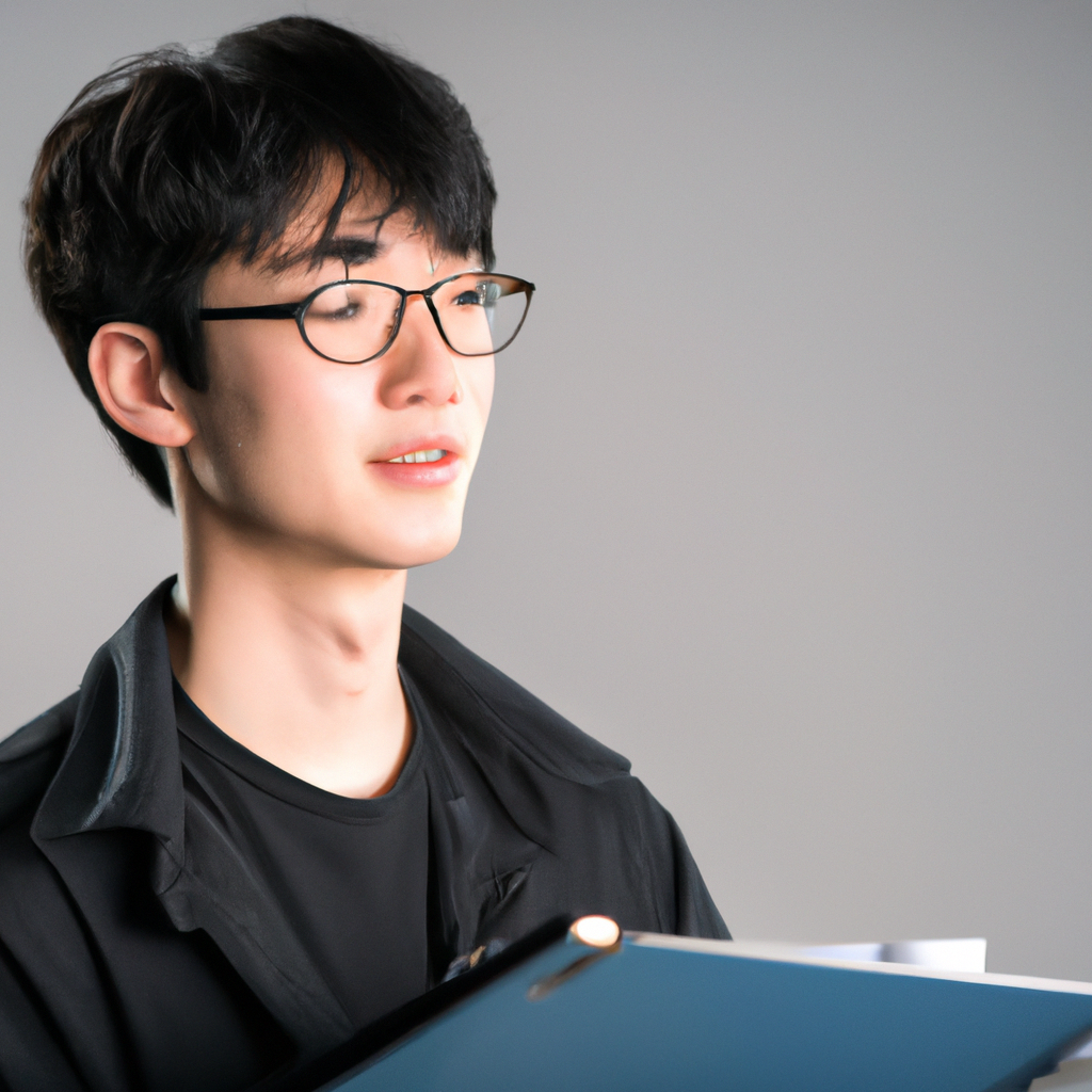 프로듀서, 깔끔한 배경에서의 한국인 남성 포트레이트, 클립보드와 함께